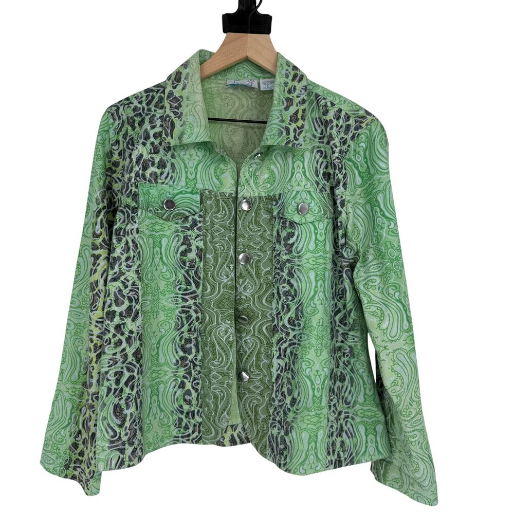 Vintage Y2K Emma G Womens Green Paisley Animal Print Button Up Jacket Top Size L